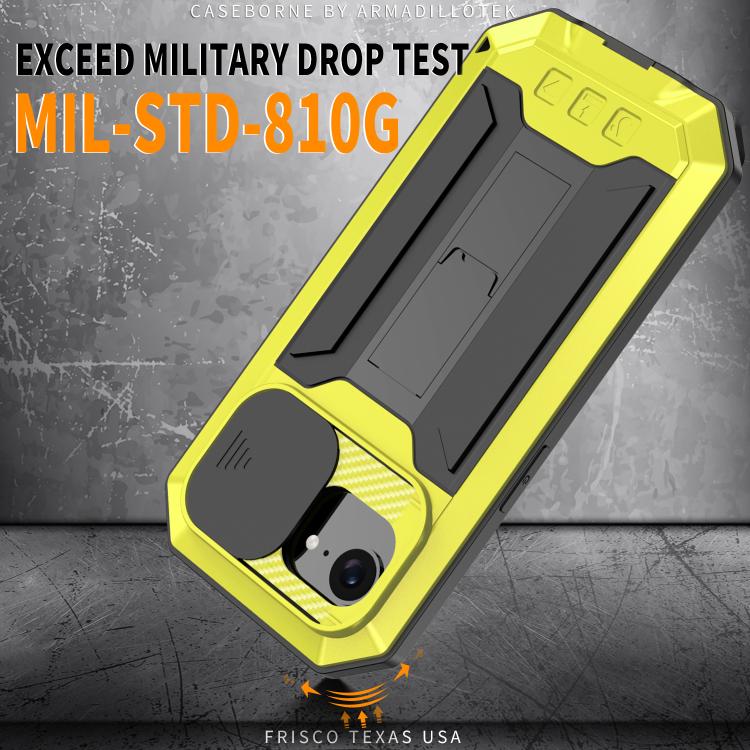 For iPhone 16e R-JUST Sliding Camera IP54 Life Water-resistant Holder Phone Case(Yellow)