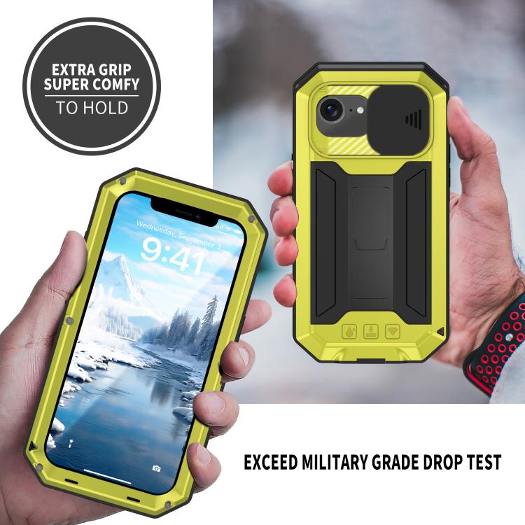 For iPhone 16e R-JUST Sliding Camera IP54 Life Water-resistant Holder Phone Case(Yellow)