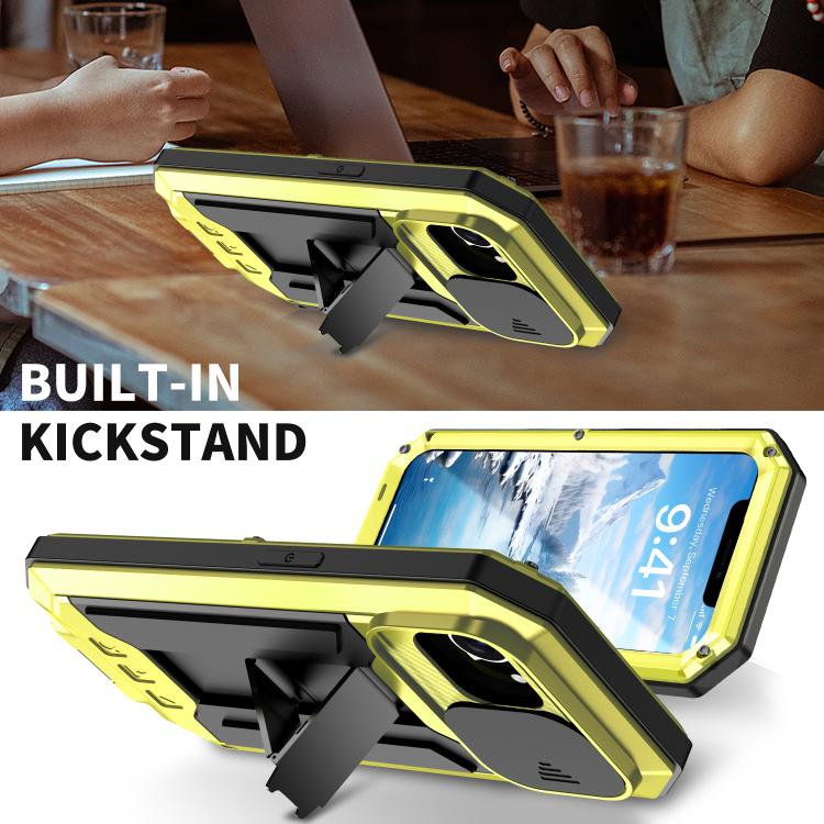 For iPhone 16e R-JUST Sliding Camera IP54 Life Water-resistant Holder Phone Case(Yellow)