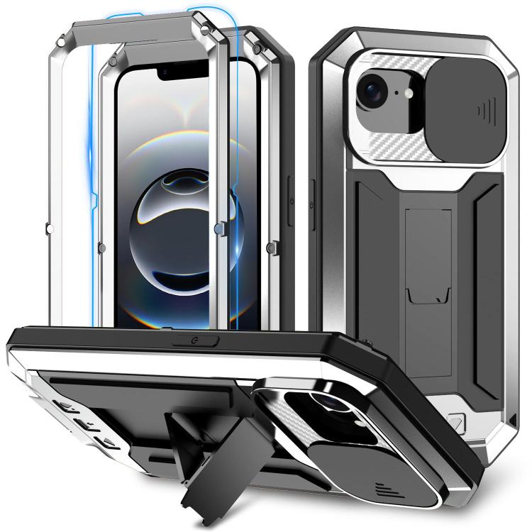 For iPhone 16e R-JUST Sliding Camera IP54 Life Water-resistant Holder Phone Case(Silver)
