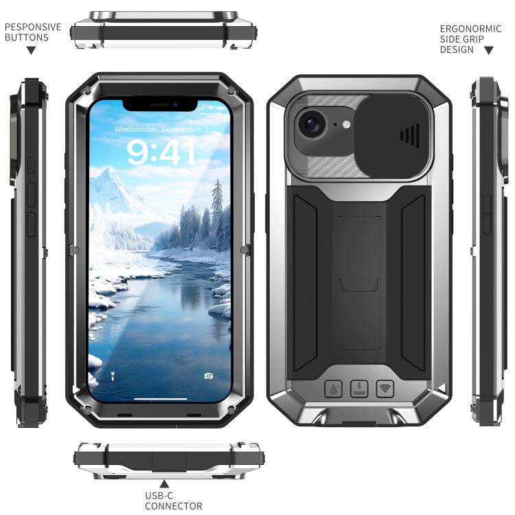 For iPhone 16e R-JUST Sliding Camera IP54 Life Water-resistant Holder Phone Case(Silver)