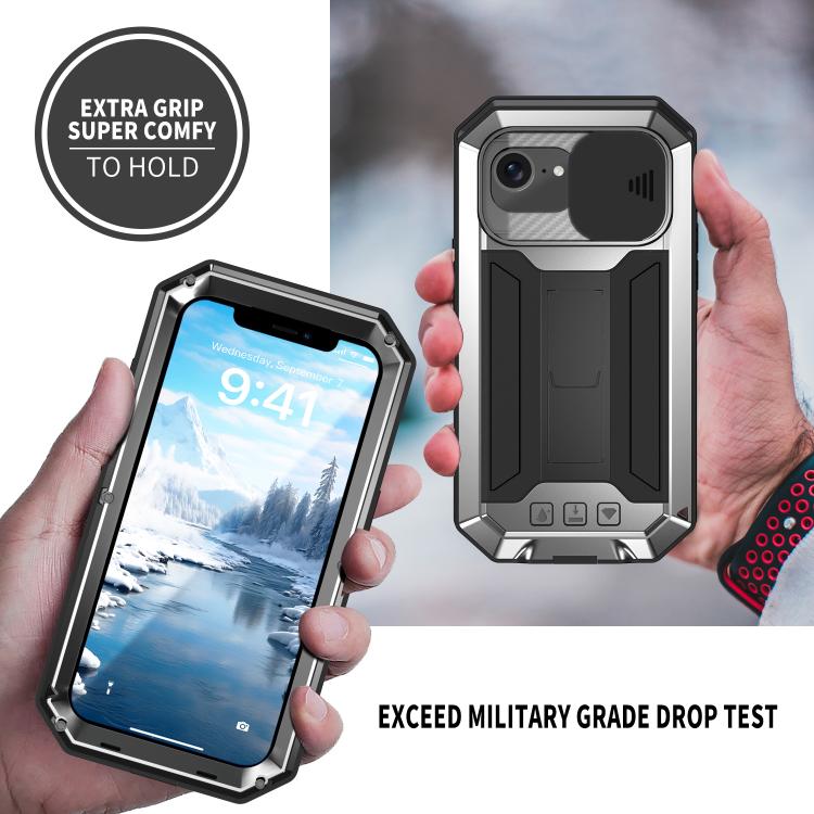 For iPhone 16e R-JUST Sliding Camera IP54 Life Water-resistant Holder Phone Case(Silver)