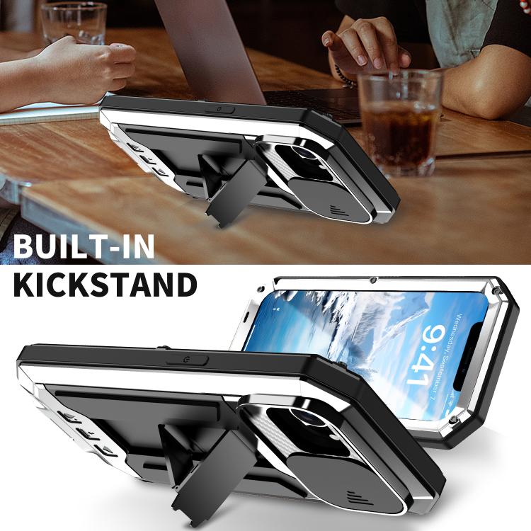 For iPhone 16e R-JUST Sliding Camera IP54 Life Water-resistant Holder Phone Case(Silver)