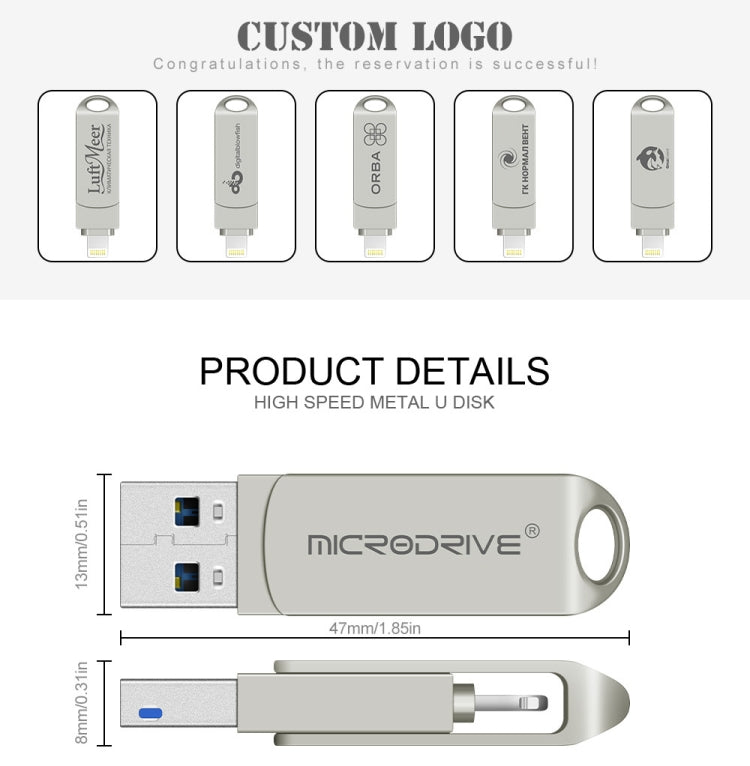 MicroDrive 2 In 1  8 Pin + USB 2.0 Portable Metal USB Flash Disk, Capacity:16GB(Silver)