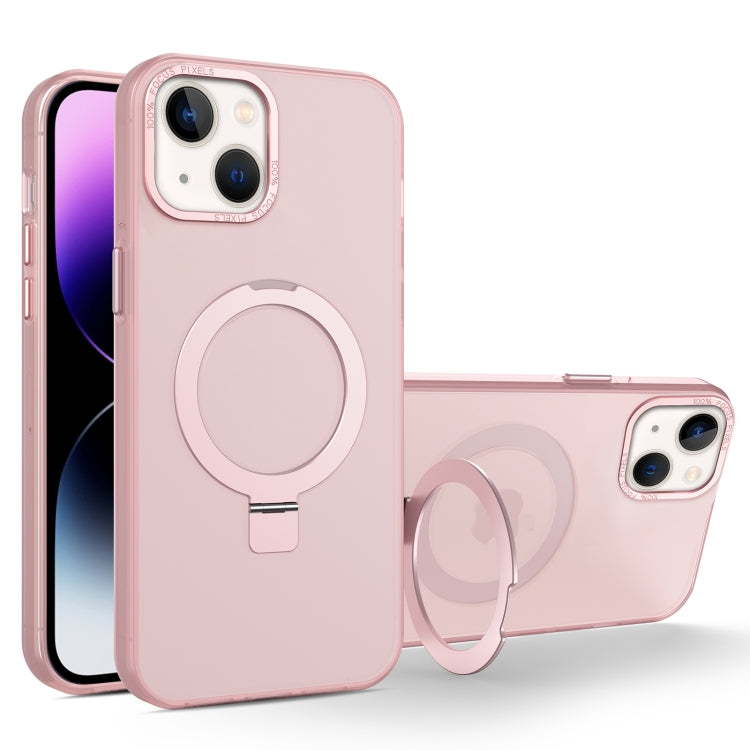 For iPhone 14 Plus MagSafe Metal Holder Frosted Translucent Phone Case(Pink)