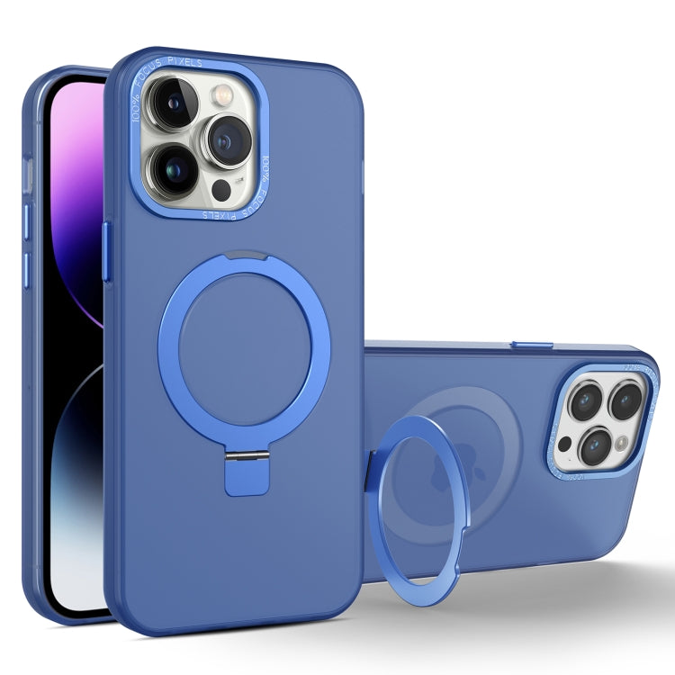 For iPhone 13 Pro MagSafe Metal Holder Frosted Translucent Phone Case(Royal Blue)