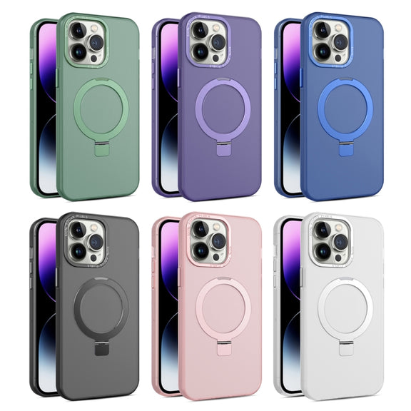 For iPhone 14 MagSafe Metal Holder Frosted Translucent Phone Case(Pink)