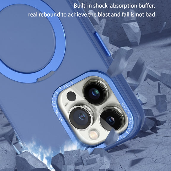 For iPhone 15 MagSafe Metal Holder Frosted Translucent Phone Case(Royal Blue)