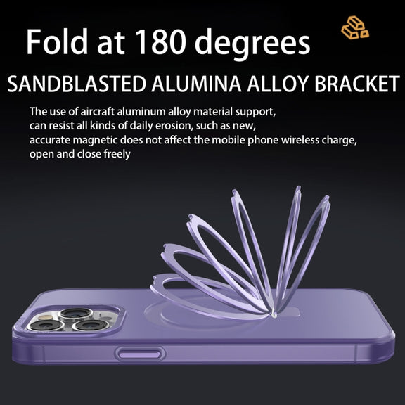 For iPhone 15 Pro Max MagSafe Metal Holder Frosted Translucent Phone Case(Dark Purple)