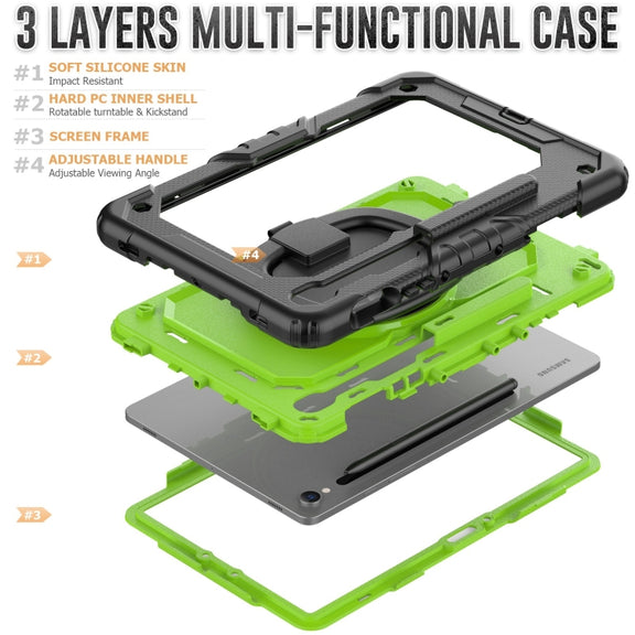 For Samsung Galaxy Tab S9 D Type Silicone Hybrid PC Tablet Case with Handle Holder(Yellow Green PC)