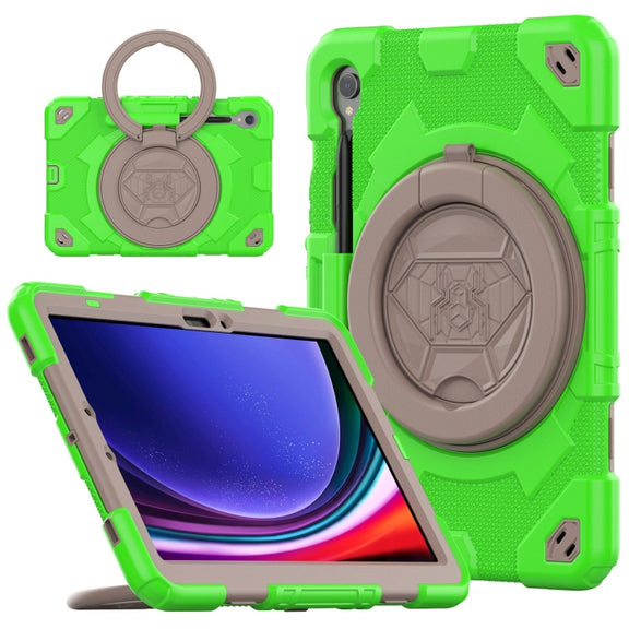For Samsung Galaxy Tab S9 Spider Rotation Handle Silicone Hybrid PC Tablet Case(Grey Green)