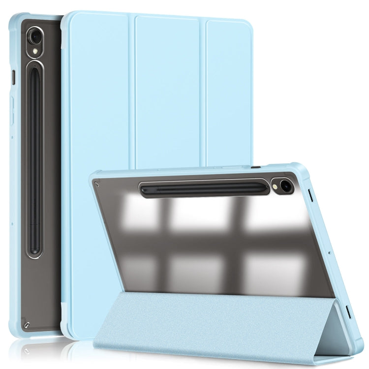 For Samsung Galaxy Tab S9 Acrylic 3-folding Smart Leather Tablet Case(Sky Blue)