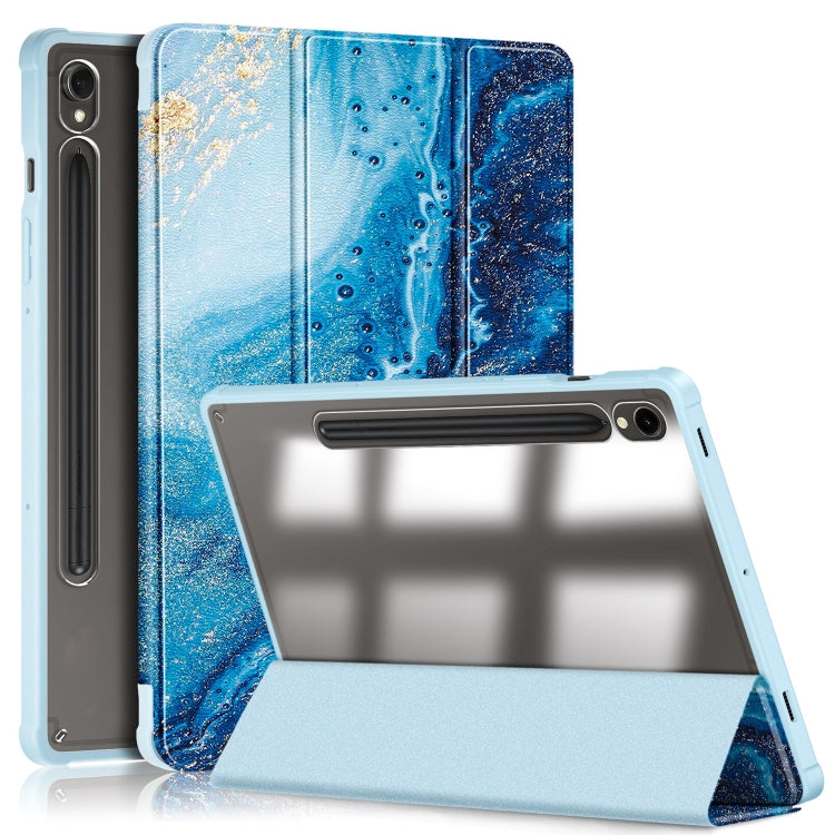 For Samsung Galaxy Tab S9 Acrylic 3-folding Painted Smart Leather Tablet Case(Waves)