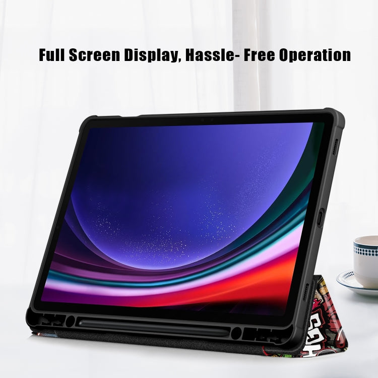 For Samsung Galaxy Tab S9 Acrylic 3-folding Painted Smart Leather Tablet Case(Graffiti)