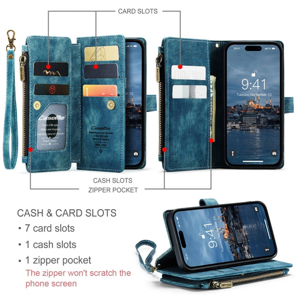 For iPhone 15 Pro Max CaseMe C30 Multifunctional Leather Phone Case(Blue)