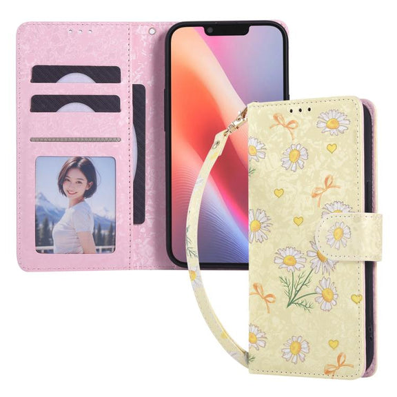 For iPhone 16e Bronzing Painting RFID Leather Case(Yellow Daisy)