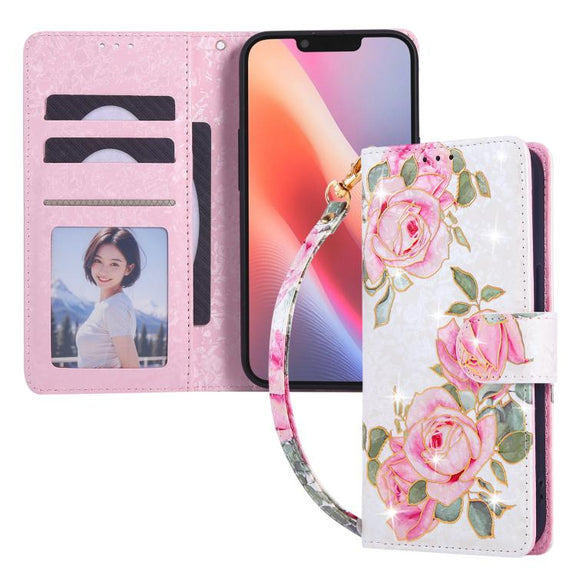 For iPhone 16e Bronzing Painting RFID Leather Case(Rose Flower)