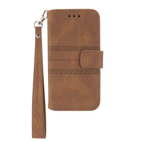 For iPhone 16e Embossed Stripes Skin Feel Leather Phone Case(Brown)