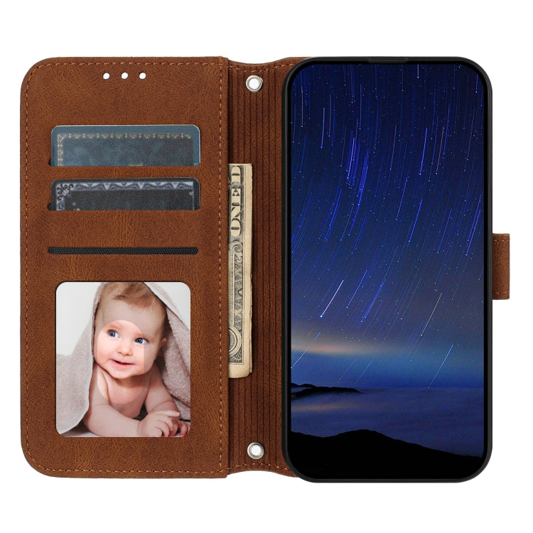 For iPhone 16e Embossed Stripes Skin Feel Leather Phone Case(Brown)