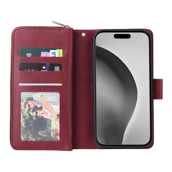 For iPhone 16 Pro Max 9 Card Slots Zipper Wallet Bag Leather Phone Case(Wine Red)