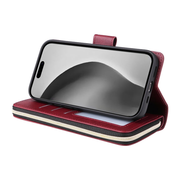 For iPhone 16 Pro Max 9 Card Slots Zipper Wallet Bag Leather Phone Case(Wine Red)