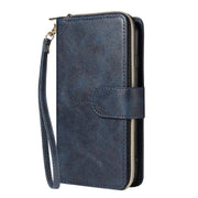 For iPhone 16e 9 Card Slots Zipper Wallet Bag Leather Phone Case(Blue)