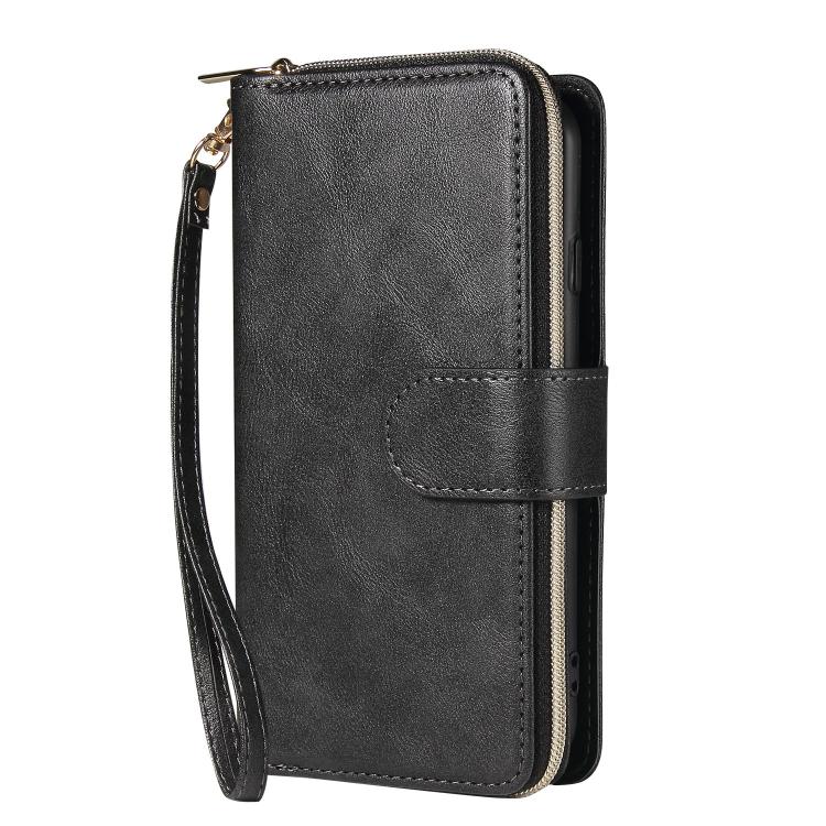 For iPhone 16e 9 Card Slots Zipper Wallet Bag Leather Phone Case(Black)