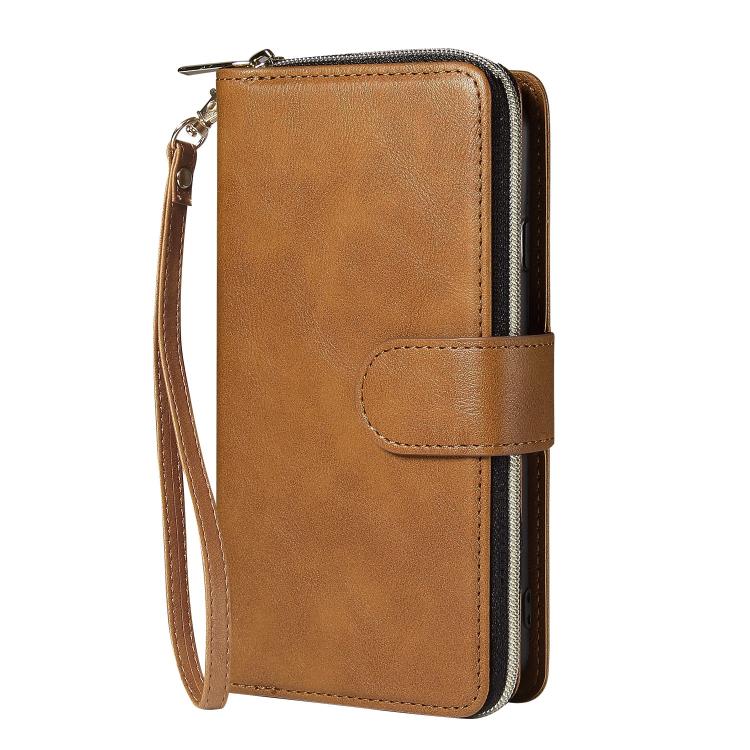 For iPhone 16e 9 Card Slots Zipper Wallet Bag Leather Phone Case(Brown)