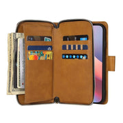 For iPhone 16e 9 Card Slots Zipper Wallet Bag Leather Phone Case(Brown)