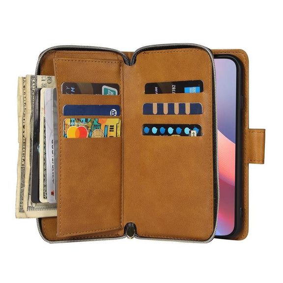 For iPhone 16e 9 Card Slots Zipper Wallet Bag Leather Phone Case(Brown)