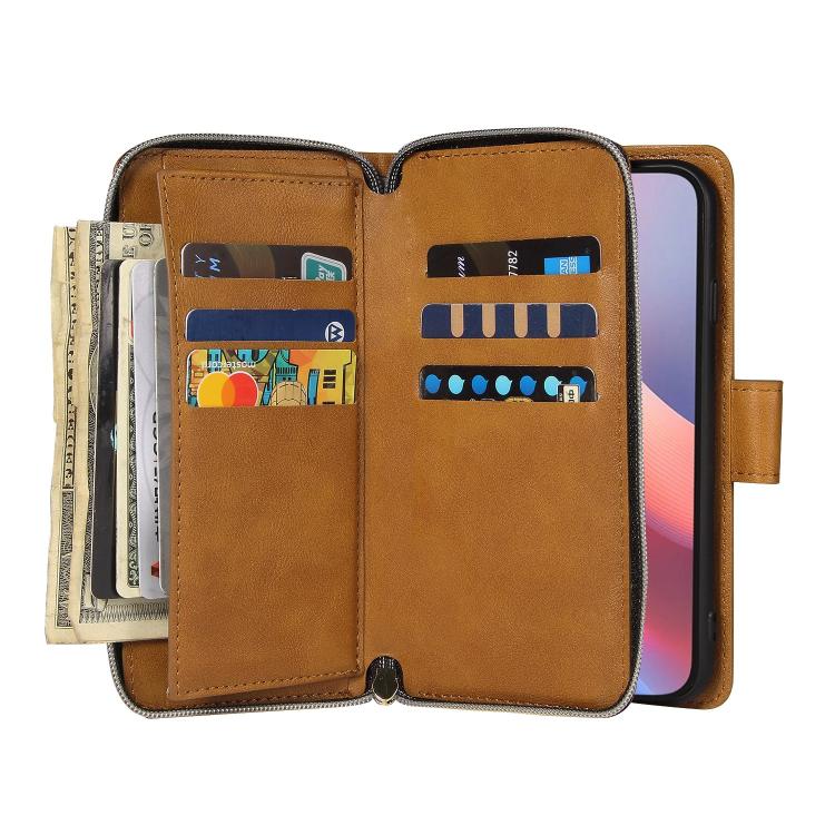 For iPhone 16e 9 Card Slots Zipper Wallet Bag Leather Phone Case(Brown)
