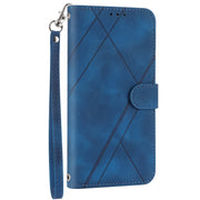 For iPhone 16e Embossed Line Leather Phone Case with Lanyard(Blue)