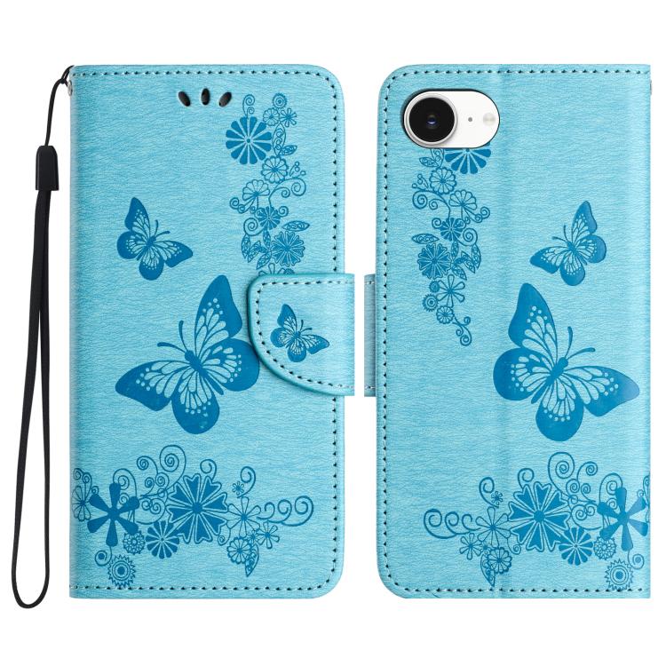 For iPhone 16e Butterfly Embossed Flip Leather Phone Case(Blue)