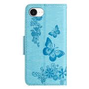 For iPhone 16e Butterfly Embossed Flip Leather Phone Case(Blue)