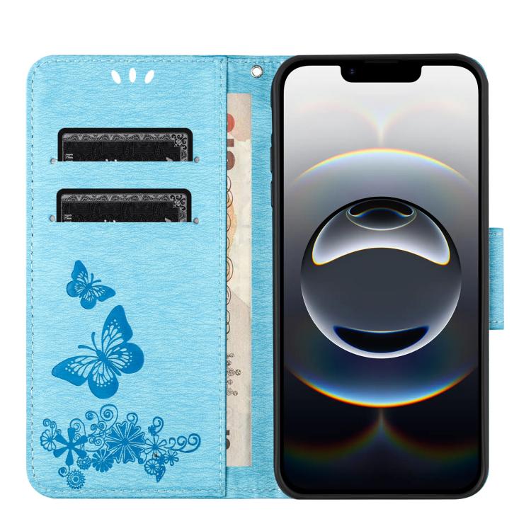 For iPhone 16e Butterfly Embossed Flip Leather Phone Case(Blue)