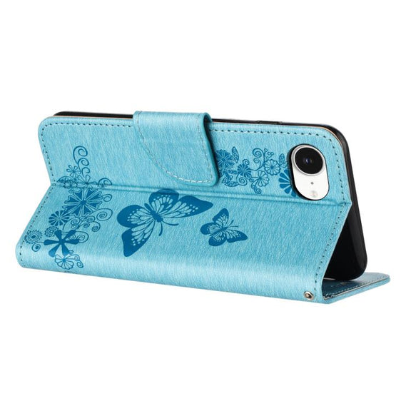 For iPhone 16e Butterfly Embossed Flip Leather Phone Case(Blue)