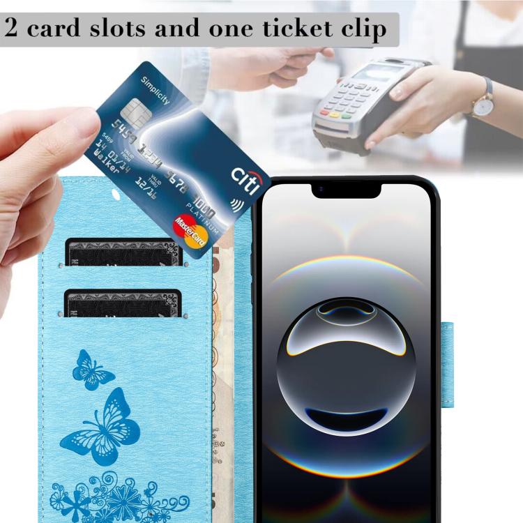 For iPhone 16e Butterfly Embossed Flip Leather Phone Case(Blue)