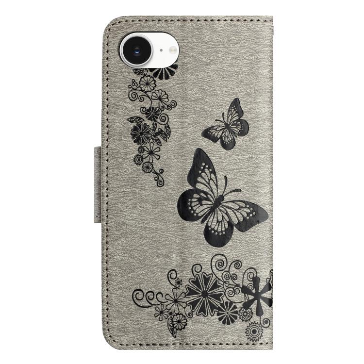 For iPhone 16e Butterfly Embossed Flip Leather Phone Case(Grey)