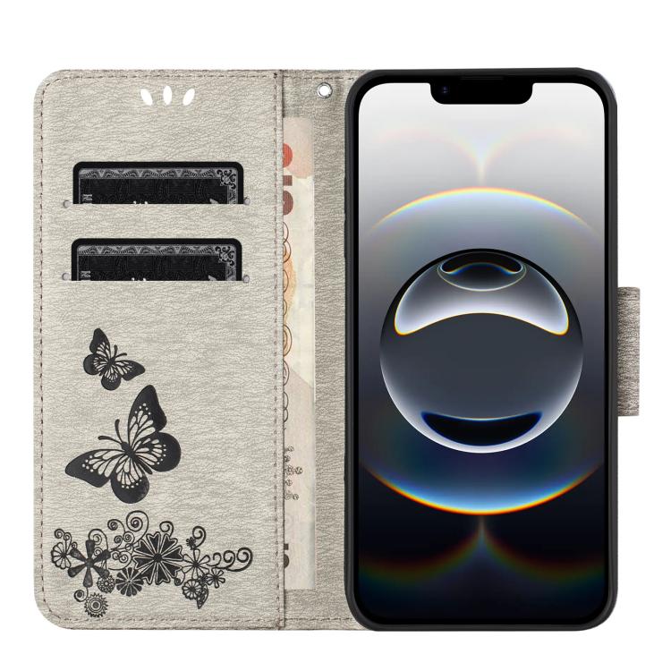 For iPhone 16e Butterfly Embossed Flip Leather Phone Case(Grey)