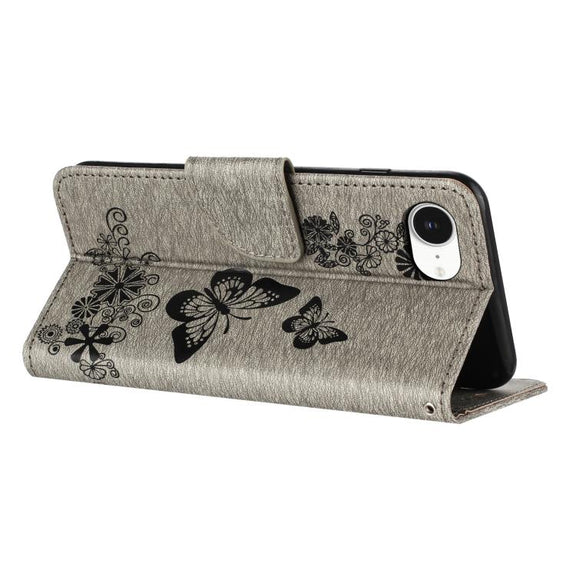 For iPhone 16e Butterfly Embossed Flip Leather Phone Case(Grey)