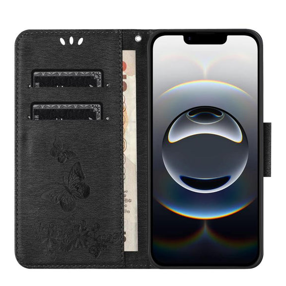 For iPhone 16e Butterfly Embossed Flip Leather Phone Case(Black)