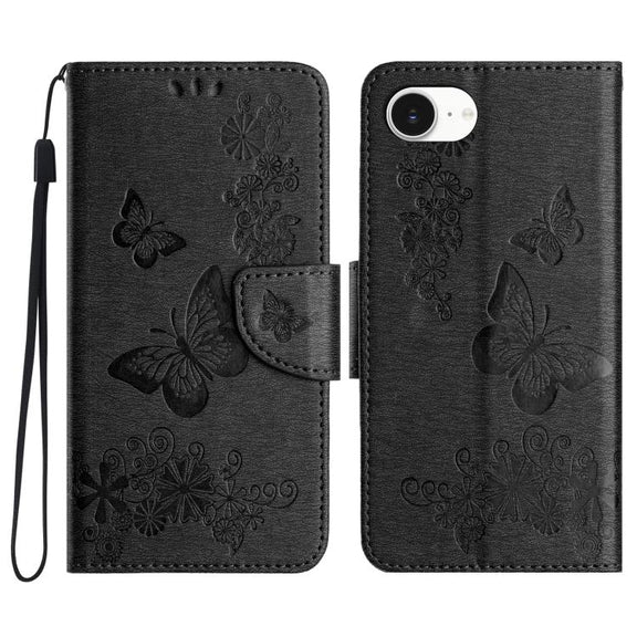 For iPhone 16e Butterfly Embossed Flip Leather Phone Case(Black)