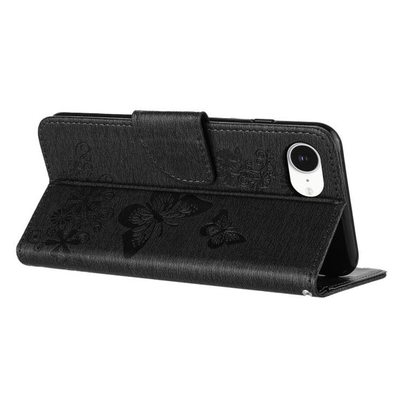 For iPhone 16e Butterfly Embossed Flip Leather Phone Case(Black)