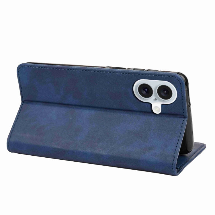 For iPhone 16 Plus Skin Feel Splicing Leather Phone Case(Blue)