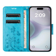 For iPhone 16 Plus Butterfly Flower Pattern Flip Leather Phone Case(Blue)