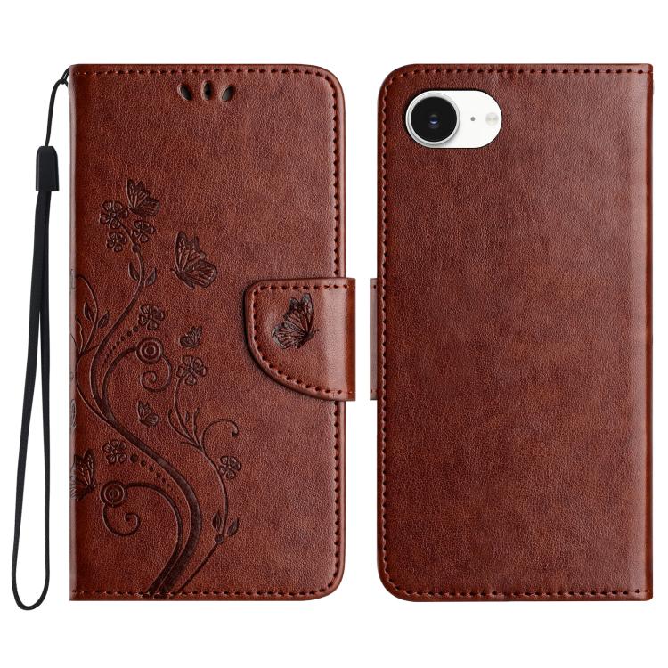 For iPhone 16e Butterfly Flower Pattern Flip Leather Phone Case(Brown)