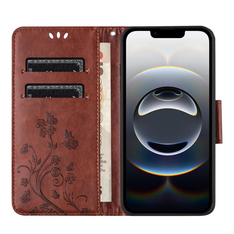 For iPhone 16e Butterfly Flower Pattern Flip Leather Phone Case(Brown)
