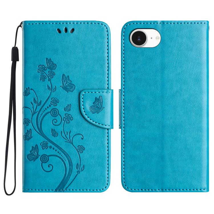 For iPhone 16e Butterfly Flower Pattern Flip Leather Phone Case(Blue)