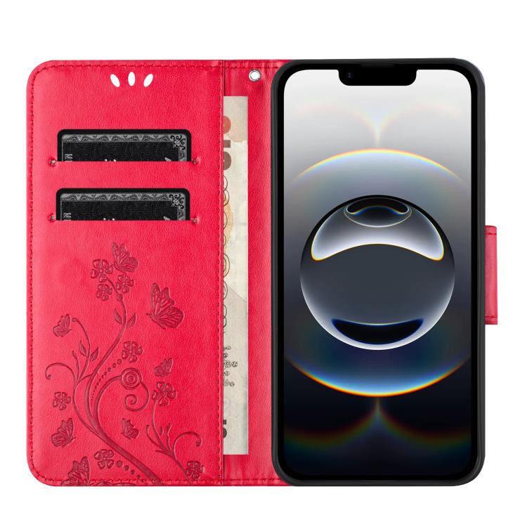 For iPhone 16e Butterfly Flower Pattern Flip Leather Phone Case(Red)