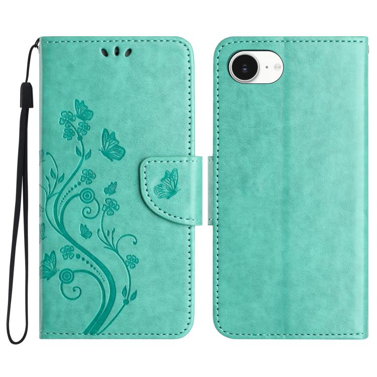 For iPhone 16e Butterfly Flower Pattern Flip Leather Phone Case(Green)